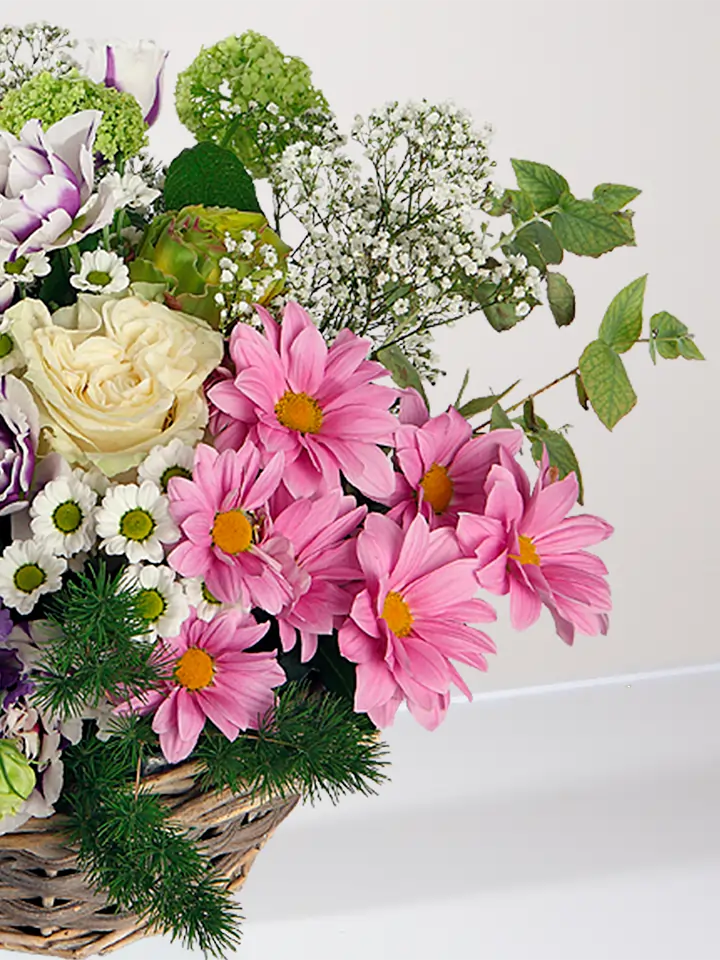 GreenBrokers Cesto artificiale da appendere, 25 cm, con fiori viola e gialli, edera rampicante ed erbe decorative (anti-UV